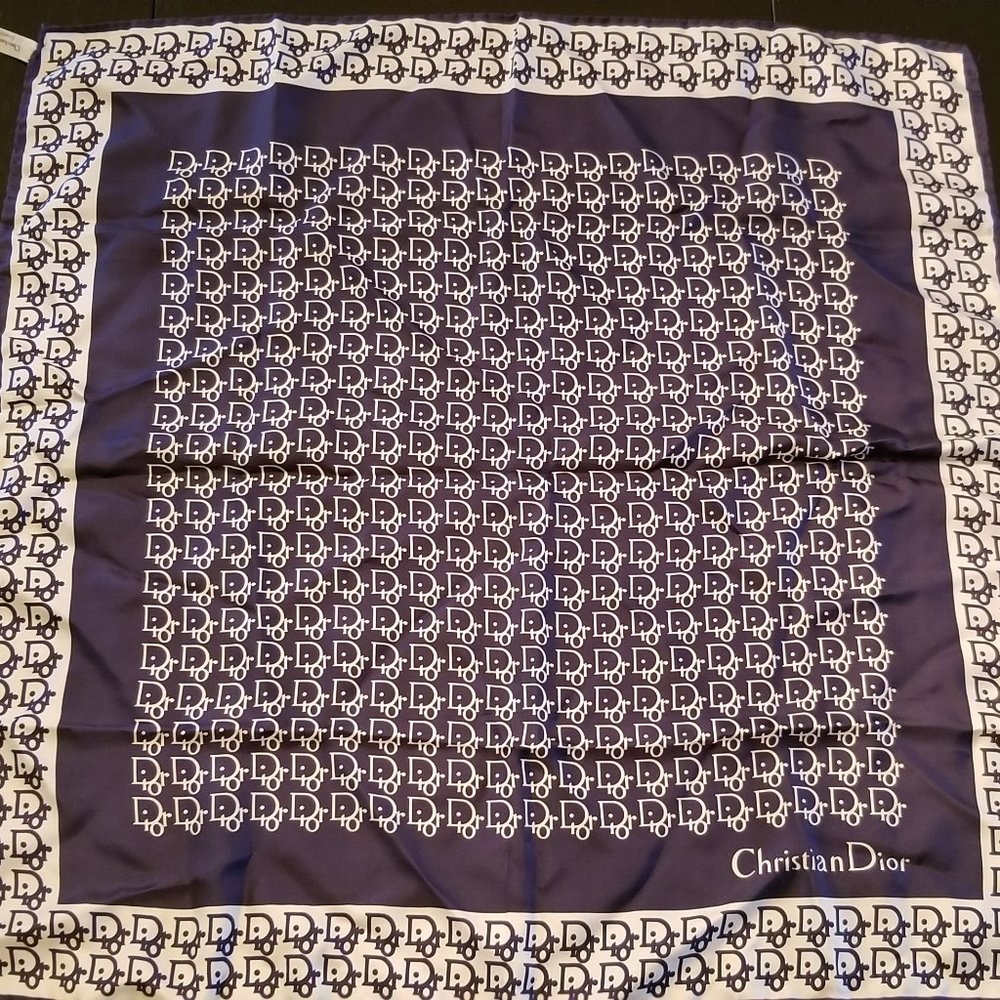 DIOR- Navy Vintage Christian Echarpes Silk Scarf